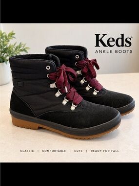 Keds Black Ankle Boots with Burgundy Laces